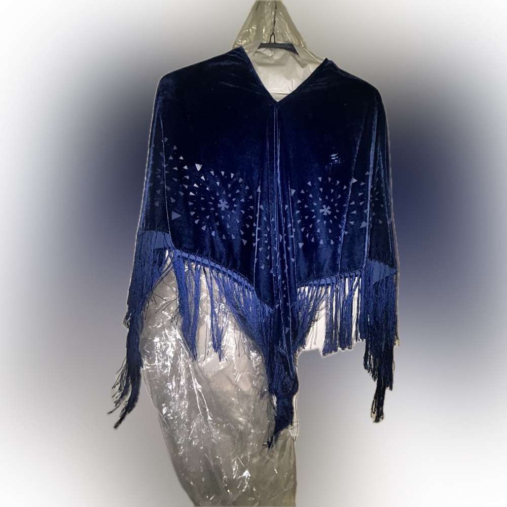 Symphony Designs Tinsel Fringe Velvet Blue w sheer designs Pullover Shawl